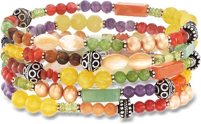 Juego de joyas de gemas múltiples: pulseras elásticas de 5 cuentas con plata de ley