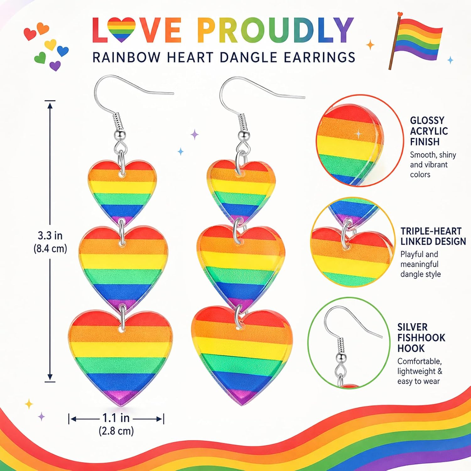 NextArt LGBT Pride Earrings for Women Lesbian, Colorful LGBTQ Rainbow Heart Acrylic Dangle Earrings, Festival Parade Outfits Pride Accessories image 2