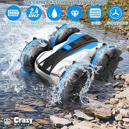 Miniatura 5 de Coche RC anfibio - Coche de acrobacias con control remoto 4WD  Giros de 360, impermeable, conducción de doble cara  Juguete todoterreno para niños y