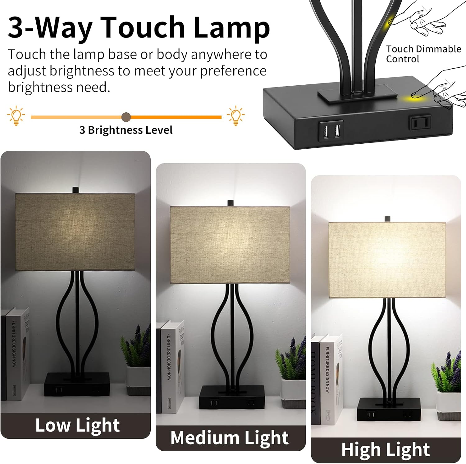 LITOSKY Set of 2 Touch Control Table Lamp, 3-Way Dimmable Bedroom Lamp with USB Port AC Outlet Bedside Nightstand Lamp for Living Room, 22in, Cream Shade, Daylight White Bulbs Included