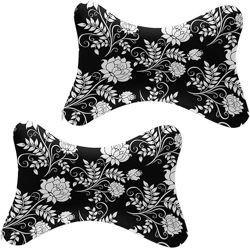 Almohada para el cuello del automóvil, 2 almohadas suaves para reposacabezas de automóvil, compatibles con flores blancas y negras florales para