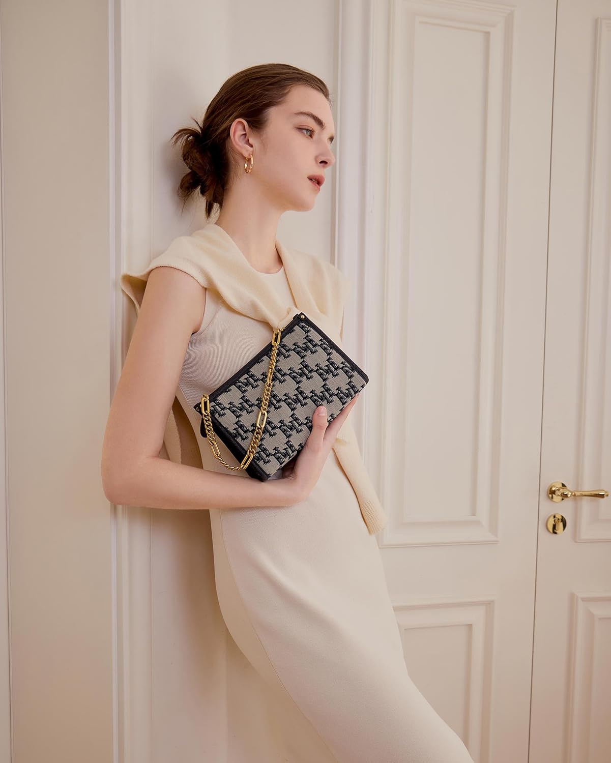 ELLE Women's Monogram Clutch Purse with Metal Chain Handle & Detachable Adjustable Strap - Image 9