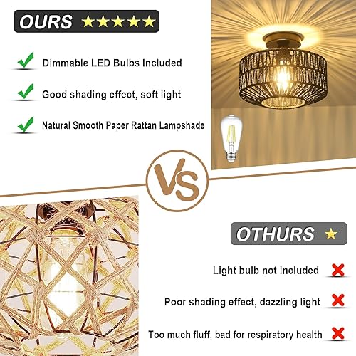 Miniatura 9 de Lámpara de ratán para montaje en techo, lámpara de techo bohemia con bombilla LED regulable, mini lámpara de araña de ratán tejida a mano