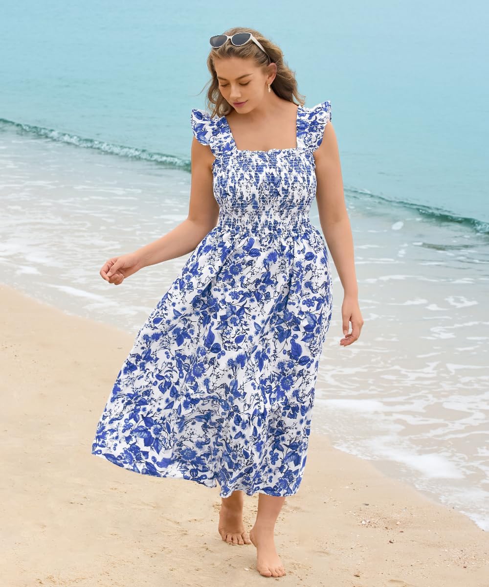 RITERA Plus Size Dress Women Summer Sleeveless Square Neck Smocked Ruffle Strap Midi Beach Sundress with Pocket XL-5XL - Image 5