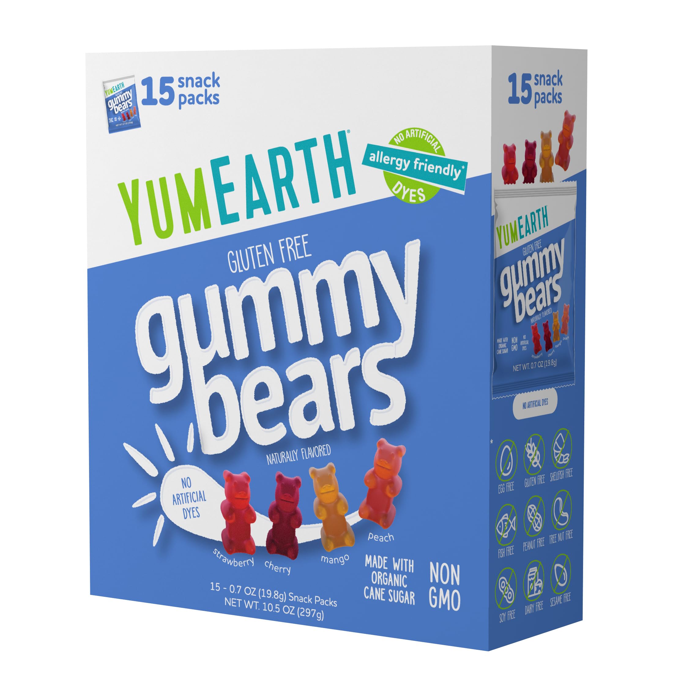 YumEarth Organic Gummy Bears - Fruity Gummy Candy Snack Packs, Gluten Free Snacks for Kids - Allergy Friendly, Non-GMO, No Artificial Flavors or Dyes - Assorted Flavors, 0.7 Oz - 15 Count (Pack of 1)