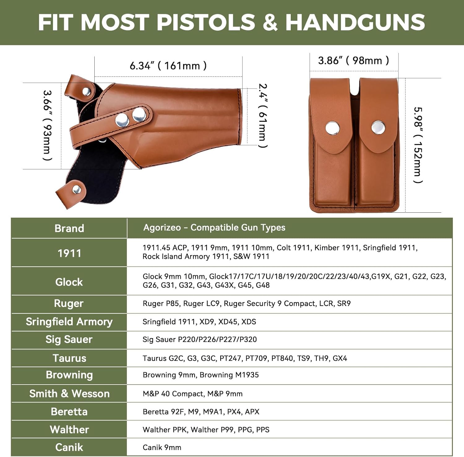 Adjustable Leather Shoulder Holster for Concealed Carry Universal Gun Holster for Men with Double Magazine Pouch Fits 1911, Glock 17/19/23, and Most Pistols (Right Hand Use) - Image 5