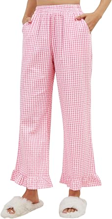 Womens Gingham Pants Y2K Cotton Wide Leg Ruffle Hem Lounge Pants Plaid Print Loose Trouser with Pockets
