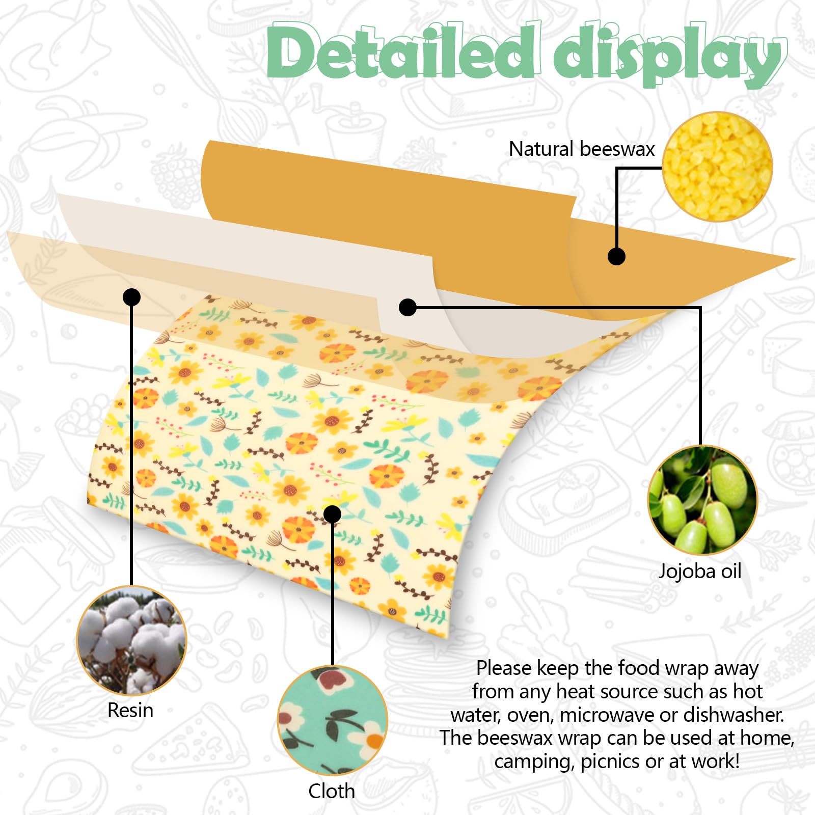 Envolturas de cera de abeja para alimentos, rollo grande de cera de abeja de 39.4 x 13 pulgadas, papel de cera de abeja reutilizable para envolver pan, sándwich, tazón, cubiertas, girasol