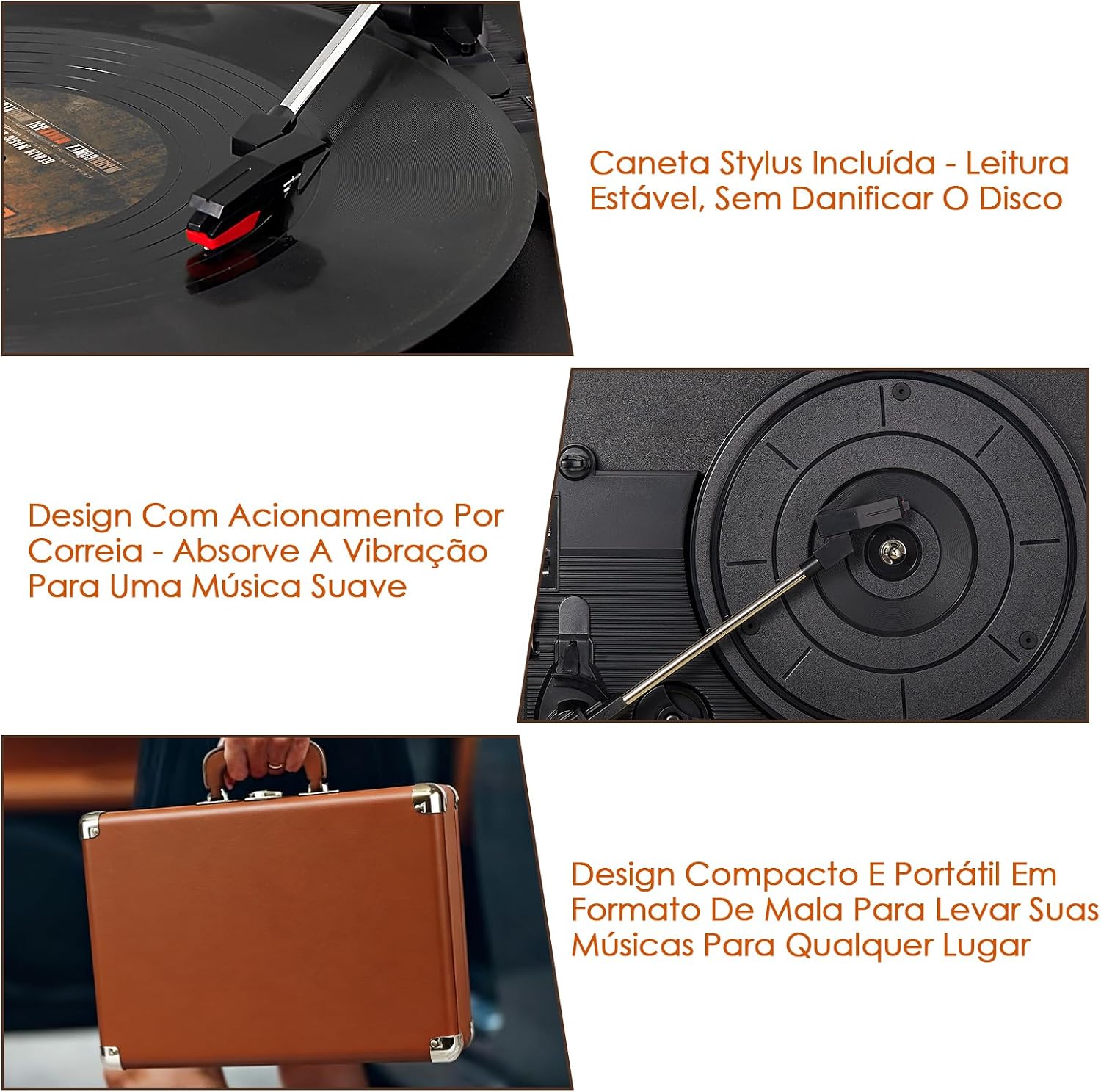 Vitrola Retro Bluetooth Portátil Radiola Disco Vinil com Alto-falante Integrado Tornamesa Vinilo Vintage 3 Velocidade Tocador Vinil Audiotecnica Puerto USB, Salida de Audífonos y RCA