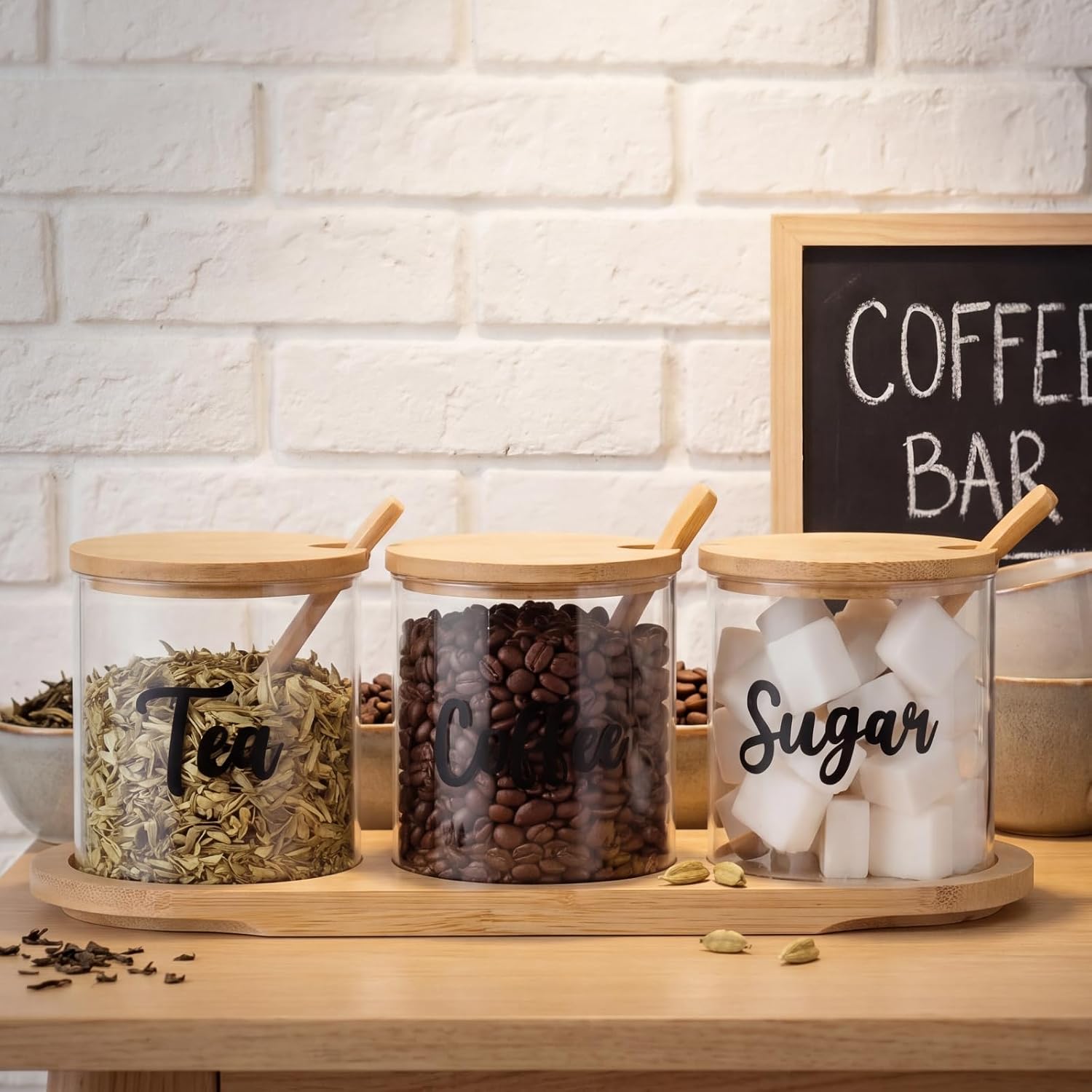 LemonRoad 3 Pack Coffee Sugar Tea Container Set Glass Jars with Bamboo Tray Decorative Container with Lid and Spoon Clear Condiment Jars Storage for Coffee Bar Drink Station Countertop Home Decor(M)