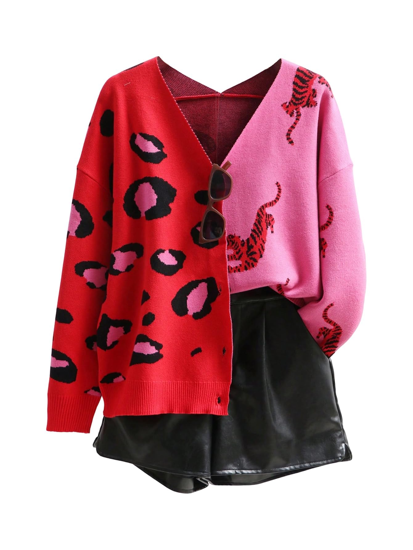 Leopard Cardigan for Women Tiger Print Button Down Color Block V Neck Sweaters Long Sleeve Lightweight Outwear