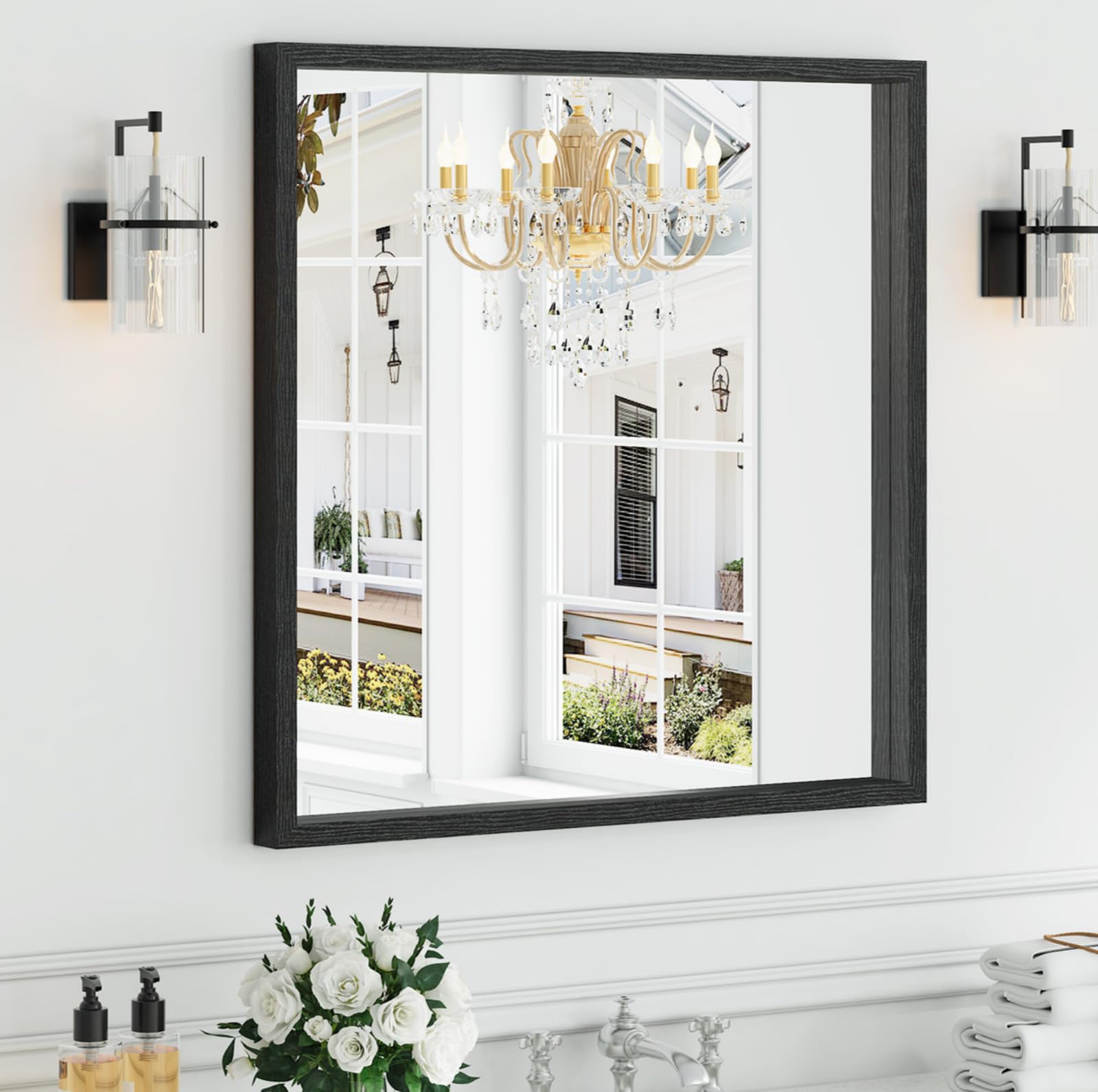 Syndra Square Black Wood Frame Bathroom Mirror, 32''x32'' Modern Vanity Mirror for Wall, Waterproof Slim Deep Frame, HD Tempered Glass Mirror for Living Room, Bedroom, Entryway, Rustic, Farmhouse