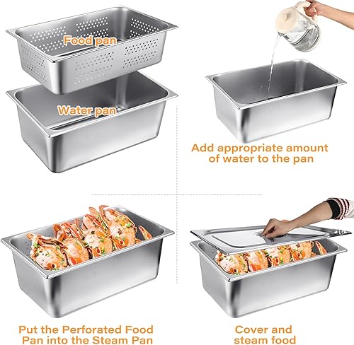 Miniatura 4 de Paquete de 3 sartenes de hotel de tamaño completo con tapa, incluye sartén de vapor perforada de tamaño completo, cubierta de mesa de vapor,