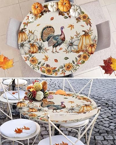 Miniatura 6 de Mantel redondo ajustable de pavo de Acción de Gracias, mantel elástico, impermeable, para interiores y exteriores, mantel elástico para cena,