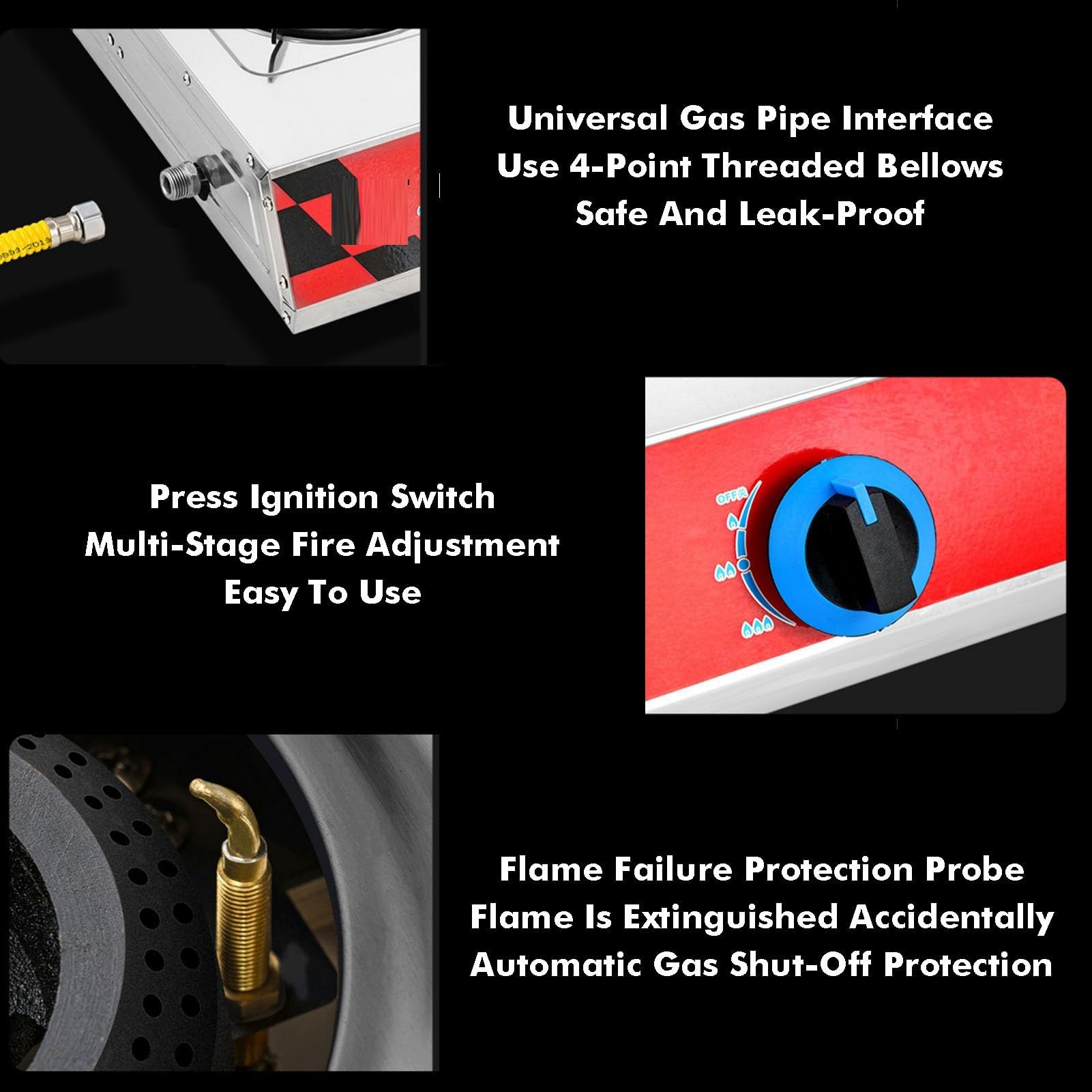 Placa de gas de 4 quemadores con parte superior de acero inoxidable, quemador wok de 2,8 kW y protección contra llamas para cocinar en casa