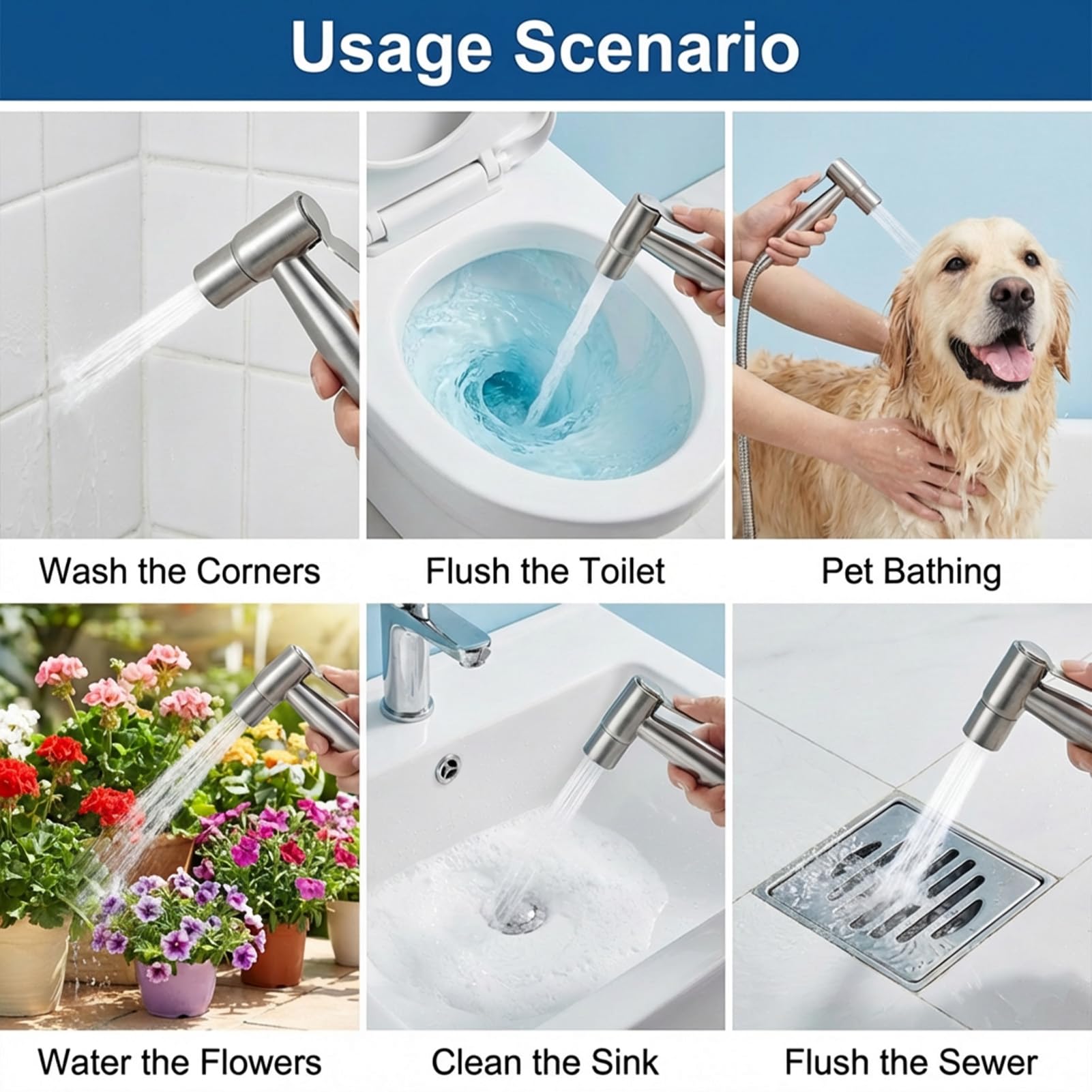 Kit De Pulverizador De Bidé De Mano De Acero Inoxidable Ajustable Para Inodoro, Ducha Shattaf, Ducha Musulmana Con Chorro De Agua Y Manguera De 1,5 M, Adaptador En T Para Inodoro, Limpieza De BañO — view 7