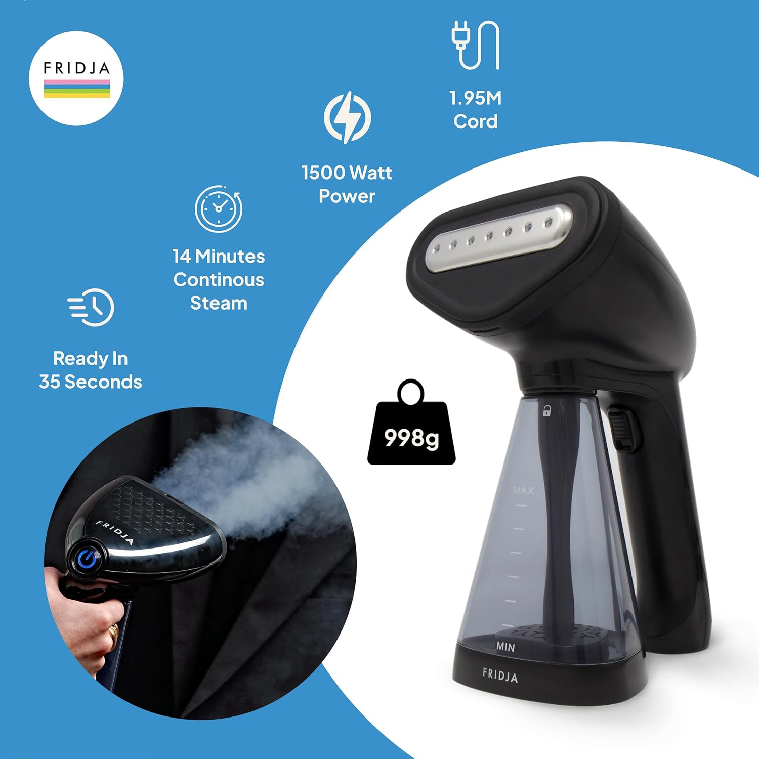 Infographic showing Fridja F10 steamer features: 1.95M cord, 1500 Watt Power, 14 Minutes Continuous Steam, Ready In 35 Seconds, and 998g weight.