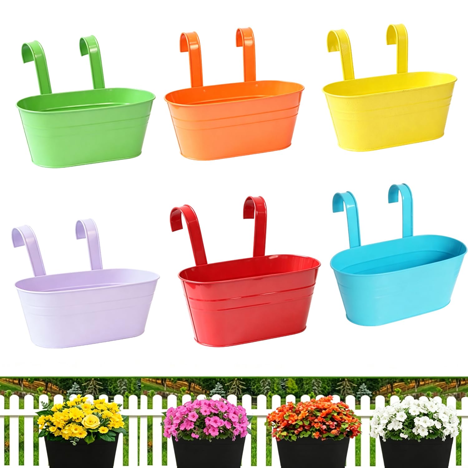 6 Pièces Pots De Fleurs Suspendus en Métal, 28Cm Jardinière De Balcon, Pot De Fleurs Suspendu avec Crochets Amovibles, Idéal pour Les Balcons, Les Balustrades, Les Jardins Et Les Murs