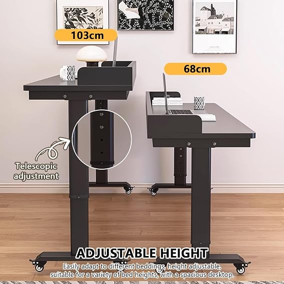 Adjustable height bed desk with wheels, Home overbed table for laptop, Mobile hospital rolling bed table, over the bed working table, bedroom overbed table.(Walnut+black,100cm)