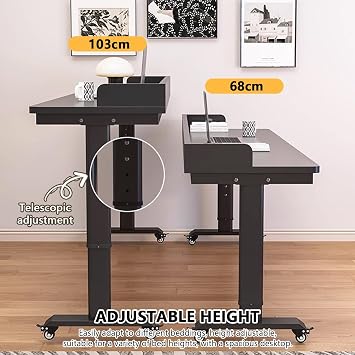 Adjustable height bed desk with wheels, Home overbed table for laptop, Mobile hospital rolling bed table, over the bed working table, bedroom overbed table.(Walnut+black,100cm)