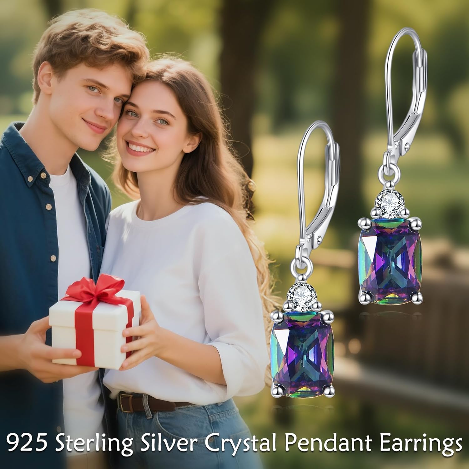 VONALA Austrian Crystal Halo Square Drop Dangle Earrings 925 Sterling Silver Mystic Topaz Dangling Leverback Earrings Jewelry Christmas Birthday Gifts for Women - Image 4