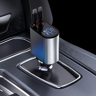 SPGUARD Retractable Car Charger,60W Fast Car Phone Charge Type C,Retractable Cables and 2 USB Ports Car Charger Adapter, Compatible with iPhone 14 Pro Max/13/12/11/iPad, Galaxy S23/ S22/S10