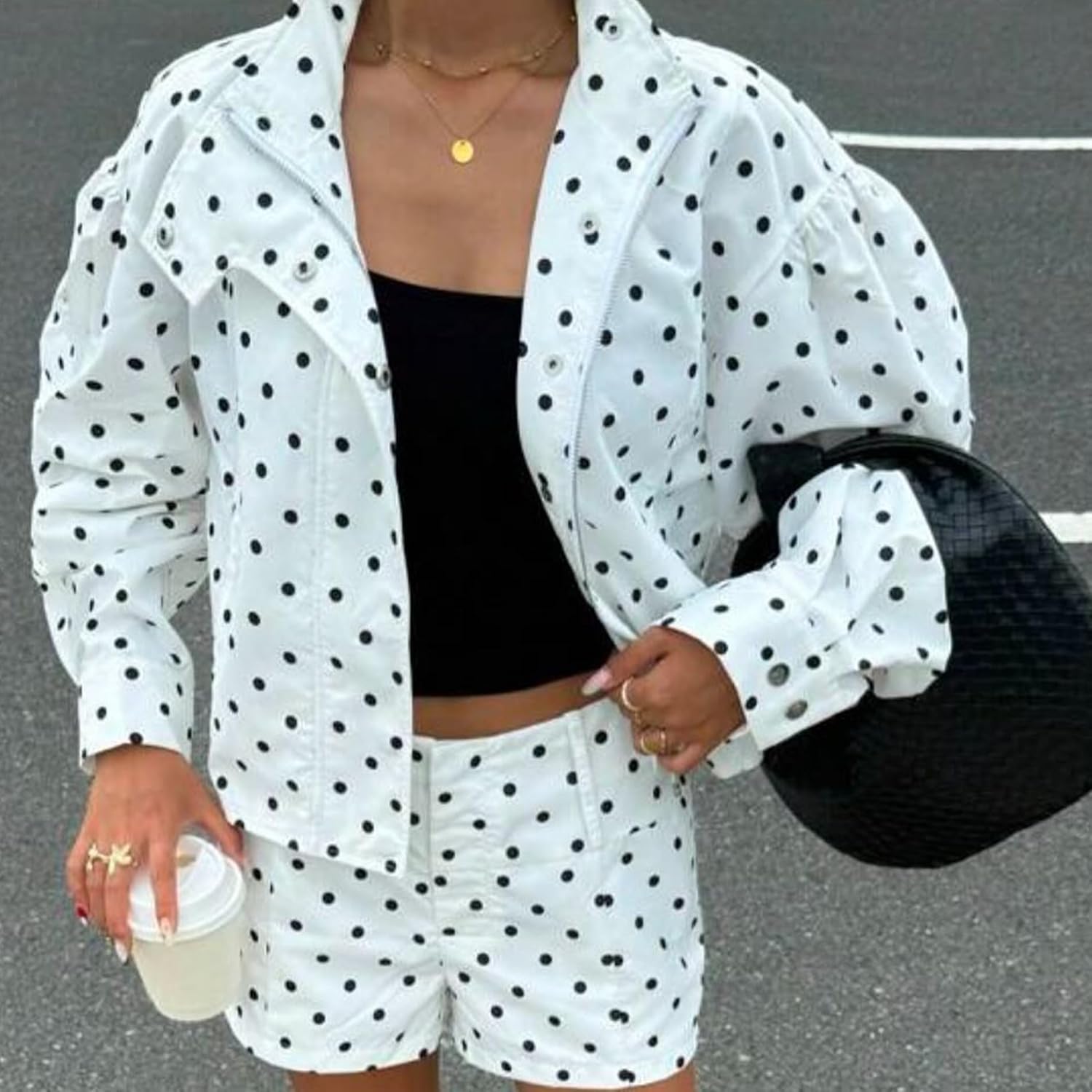 Songling Women Polka Dot Jacket Lightweight Zip Up Coat 2026 Trendy Fall Outfits Cropped Spring Jackets with Pockets