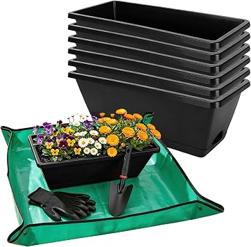 7 Pack Window Box Planters, 17 Inch Plastic Rectangular Flower Pots for Indoor/Outdoor Plants, Herbs, Vegetables, Includes Trowel, Waterproof Mat & Gloves Black