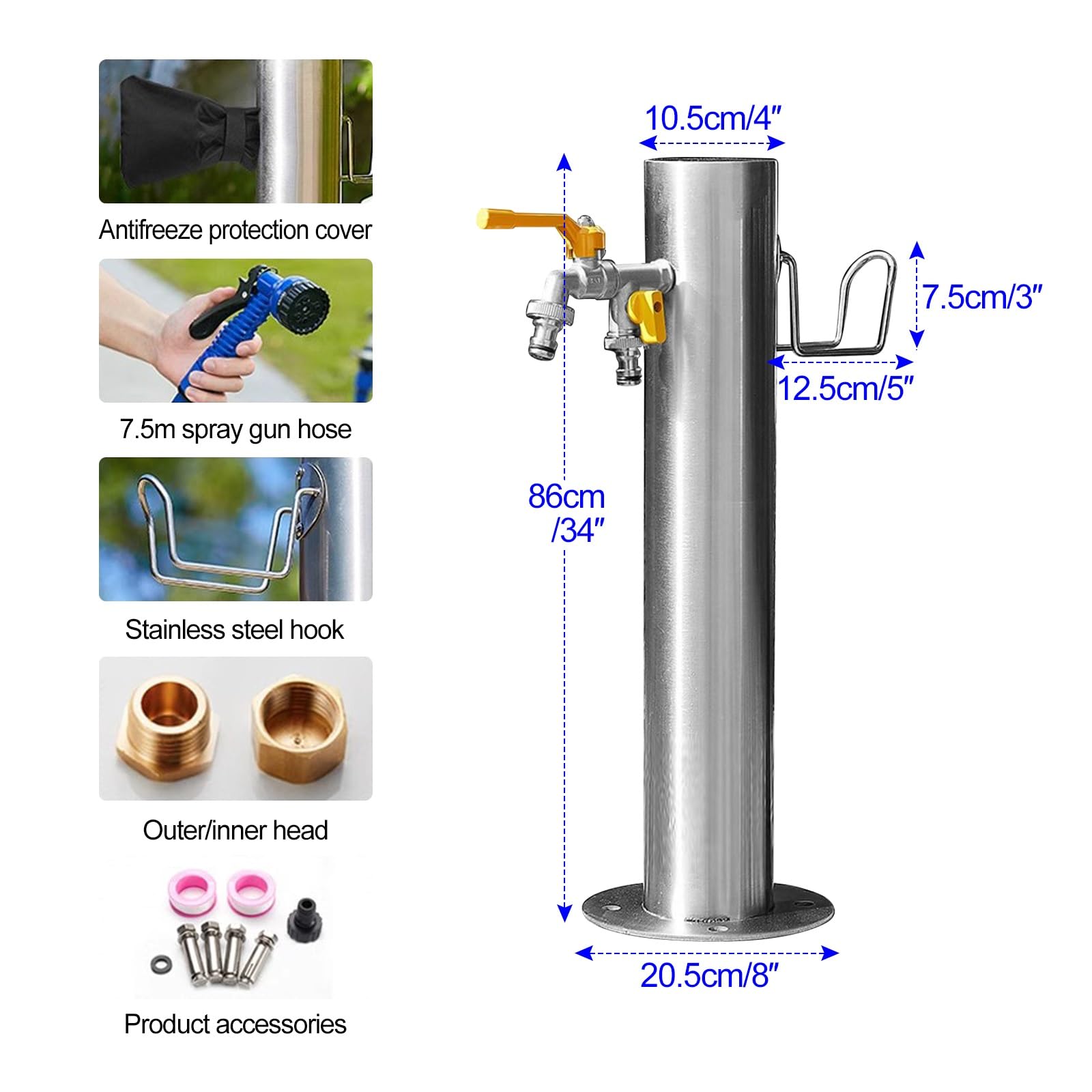Wassersäule Garten Wasserzapfsäule Edelstahl Frostsicherer Außenwasserhahn Wasserzapfstelle Auslaufhahn Wasserentnahmestelle(86cm/34in)