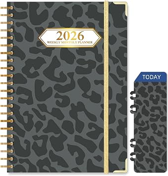 2026 Planner, Jan.2026 - Dec.2026 Planner Weekly and Monthly 6.25"x8.5" with Page Tabs, Calendar Hardcover with Inner Pocket, Elastic Band,Twin-Wire Binding,Bookmark, Black Leopard