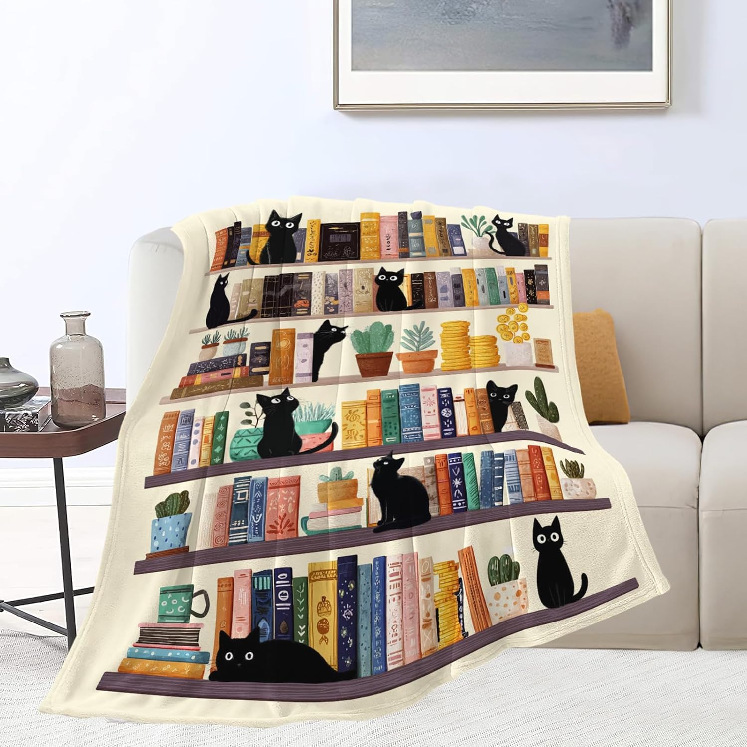 Black Cat Throw Blanket Book Cat Bookshelf Stuff Gifts for Kids Girls Boys Adults Women Men Soft Cozy Warm Plush Fluffy Fuzzy Fleece Blanket Decor 50''X60''