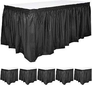 Juvale Plastic Table Skirt - 29 in x 14 Ft, Black, Set of 6, Ruffled - Disposable Rectangular Party Table Skirt with Adhesive Strips & Lightweight for Birthday Parties, Wedding Showers & Events
