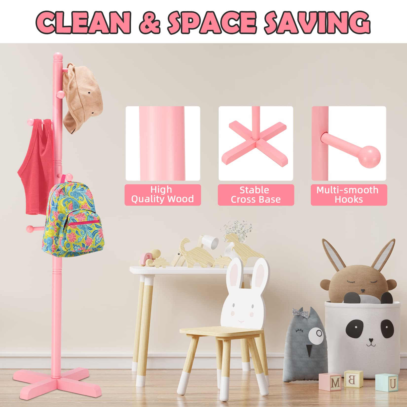 Azaeahom Cross Coat Rack Freestanding Clothing Hanger Home Racks, Wooden Coat Tree Stand with 8 Hooks 2 Adjustable Height, Easy Assembly in Entryway, Room for Hat, Umbrella etc (Pink)