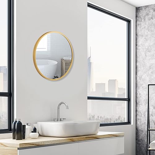 Miniatura 9 de Tangkula Espejo redondo para colgar en la pared de 16 pulgadas, espejo redondo de baño, espejo circular con marco de metal, espejo decorativo