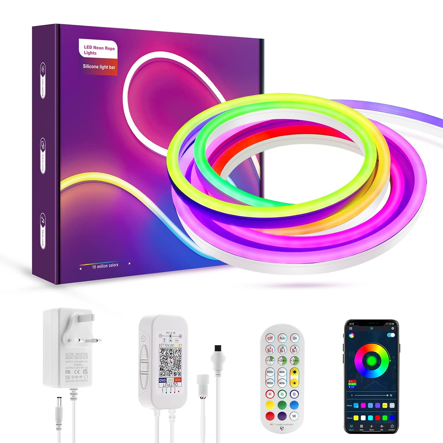 Bluetooth LED Neon Rope Lights 2M,LUXONIC IP65 Waterproof Flexible Neon ...