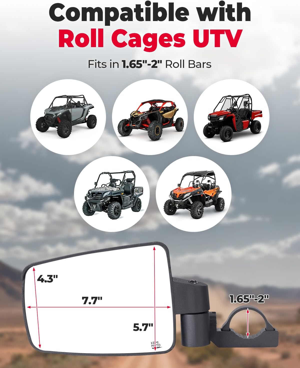 KEMIMOTO Rainproof Spring Back Side Mirrors,2025+New SXS Mirrors Large View for 1.65-2.0"Roll Bar Easily Reset After Hitting Branches,Compatible with Polaris RZR/Can Am X3/Pioneer/CFMOTO/John Deere