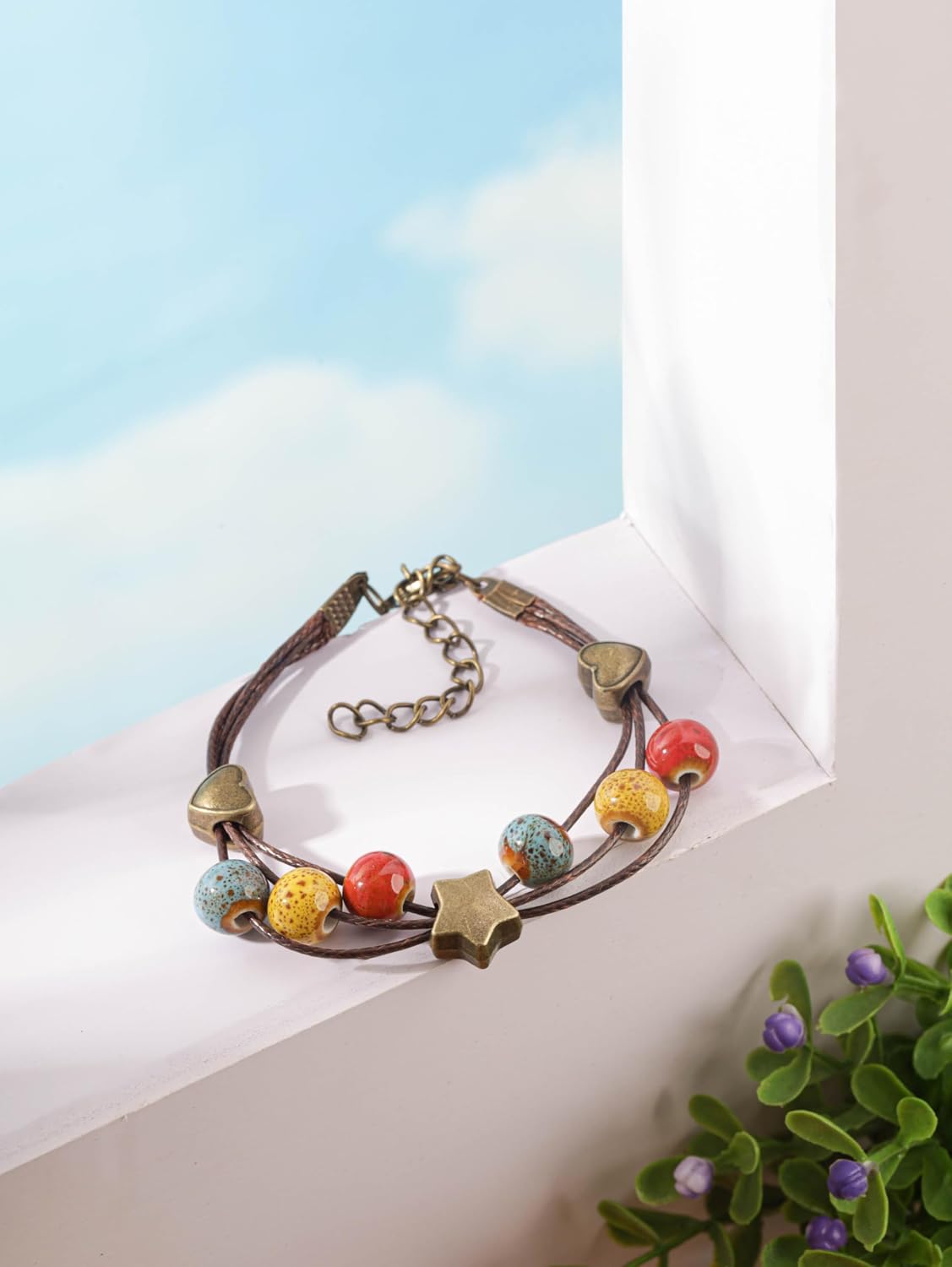 MINACHI Retro Ceramic Handmade Women's Gift Bracelet Braided Adjustable Rope Bracelets Bohemian Created Turquoise Tone Bracelets For Women Ladies
