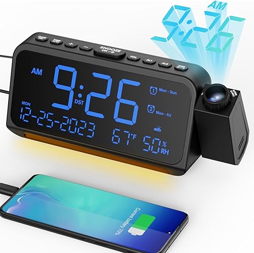 Reloj despertador de proyección para techo de dormitorio, proyector de reloj digital con modo de día de semanafin de semana, fecha, temperatura,