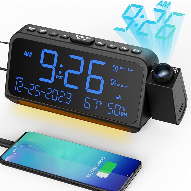 Mesqool Projection Alarm Clock Ceiling Display, with Temperature, Humidity | Dual Alarms, 5-Level Dimmer, Date, Night Light, Weekday/Weekend Mode, 12/24H, DST, , Snooze, 180° Rotatable, for Bedroom