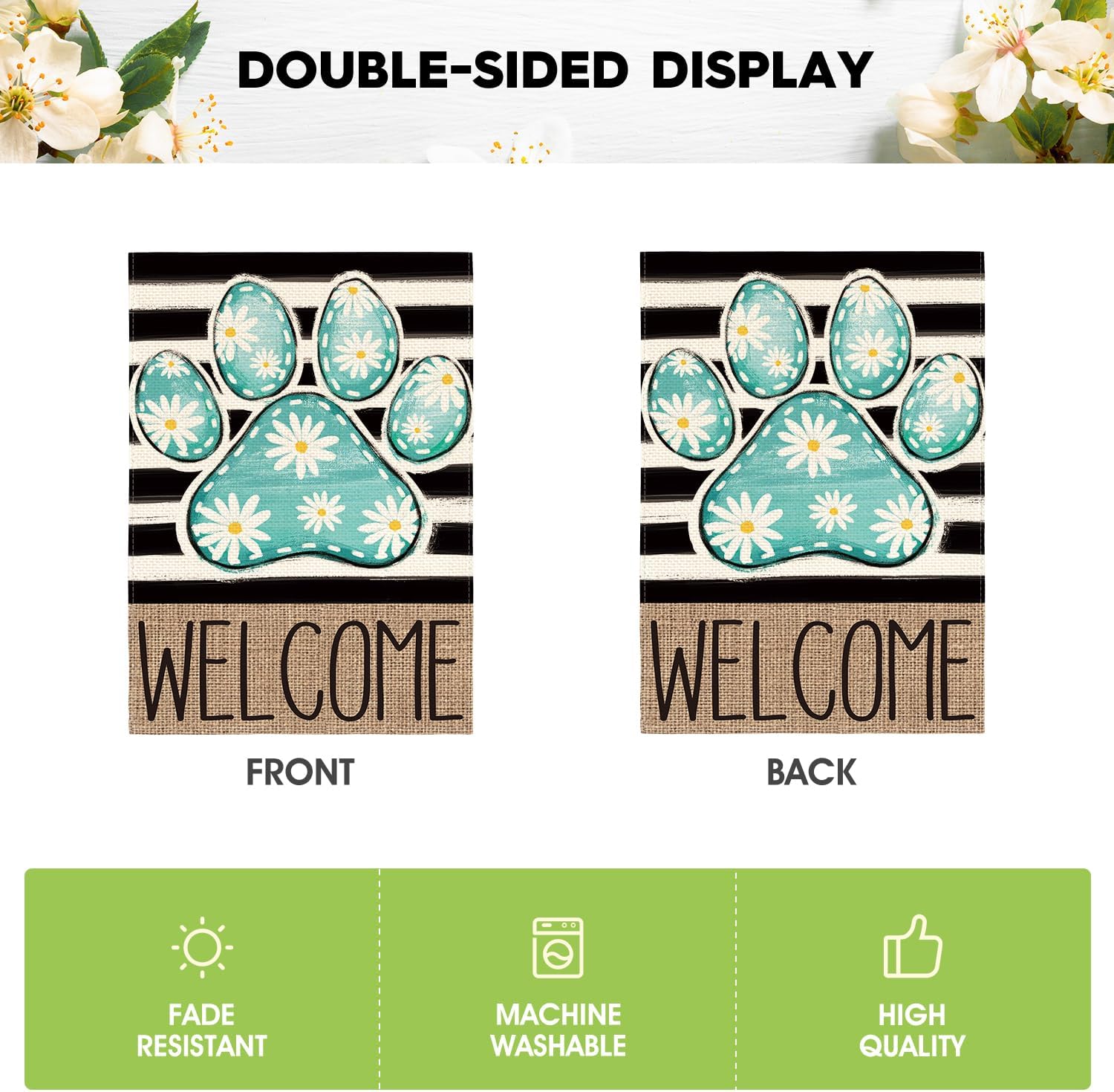 AVOIN colorlife Blue Paw Print Spring Garden Flag 12x18 Inch Double Sided Outside, Daisy Floral Welcome Stripes Yard Outdoor Flag - Image 6