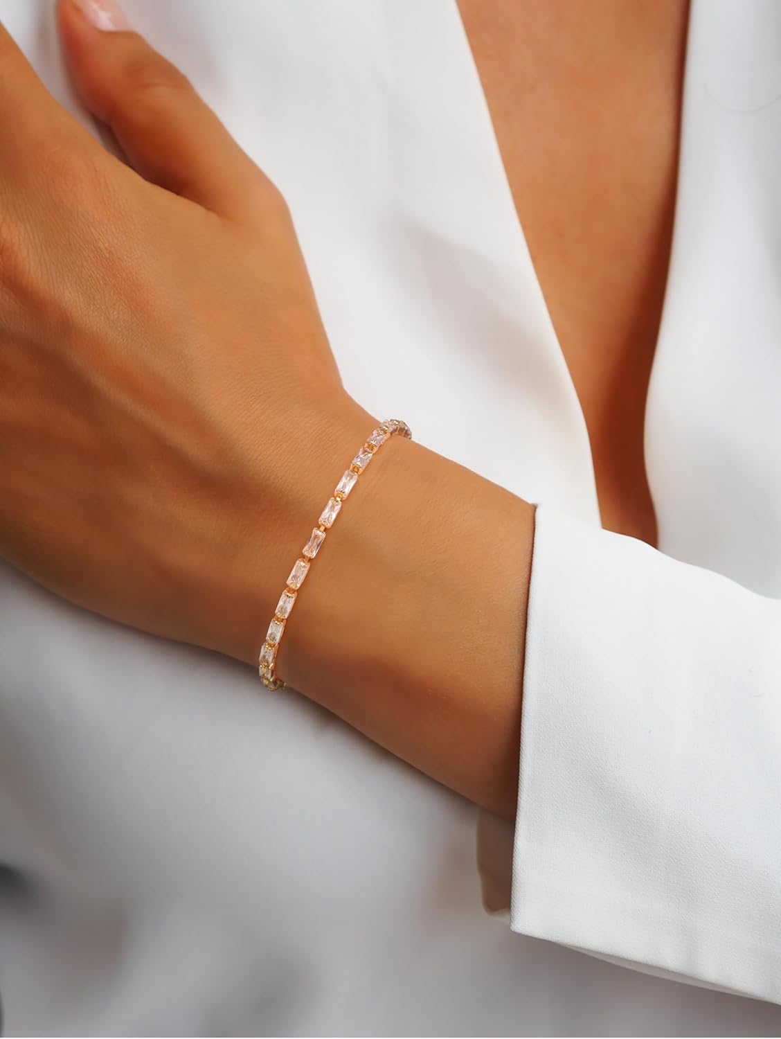 14K Gold Bracelets for Women Rectangle Cubic Zirconia Dainty Bracelet Non-Tarnish Gold Tennis Bracelets for Women Jewelry Unisex Sizes 6.5-9 Inches - Image 7