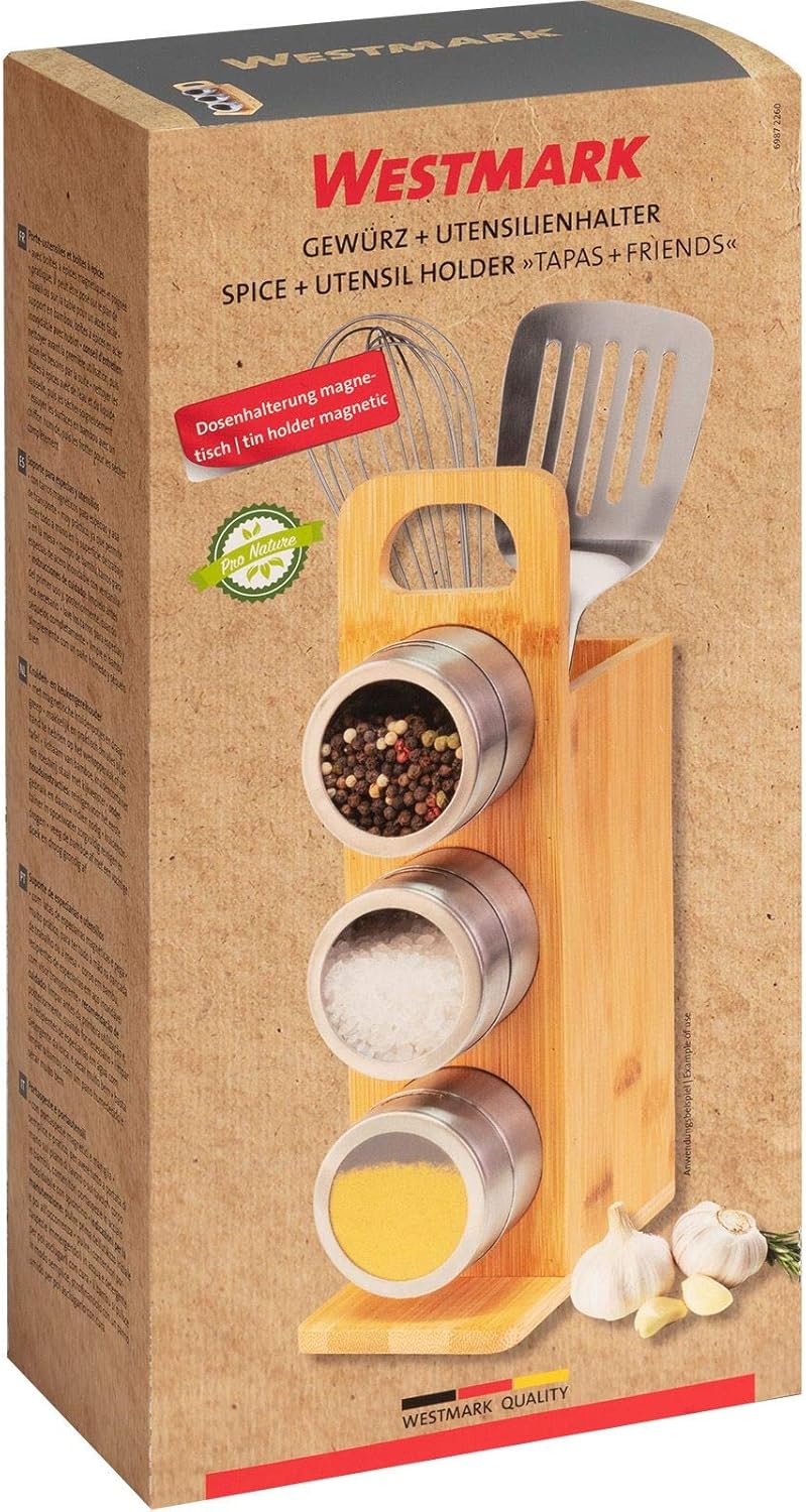 Westmark 69872260 Magnetic Spice/Utensil Holder, 3 Stainless Steel Jars with Handle, Height 27.5 cm, Bamboo/Stainless Steel, Tapas + Friends, Light Brown/Silver