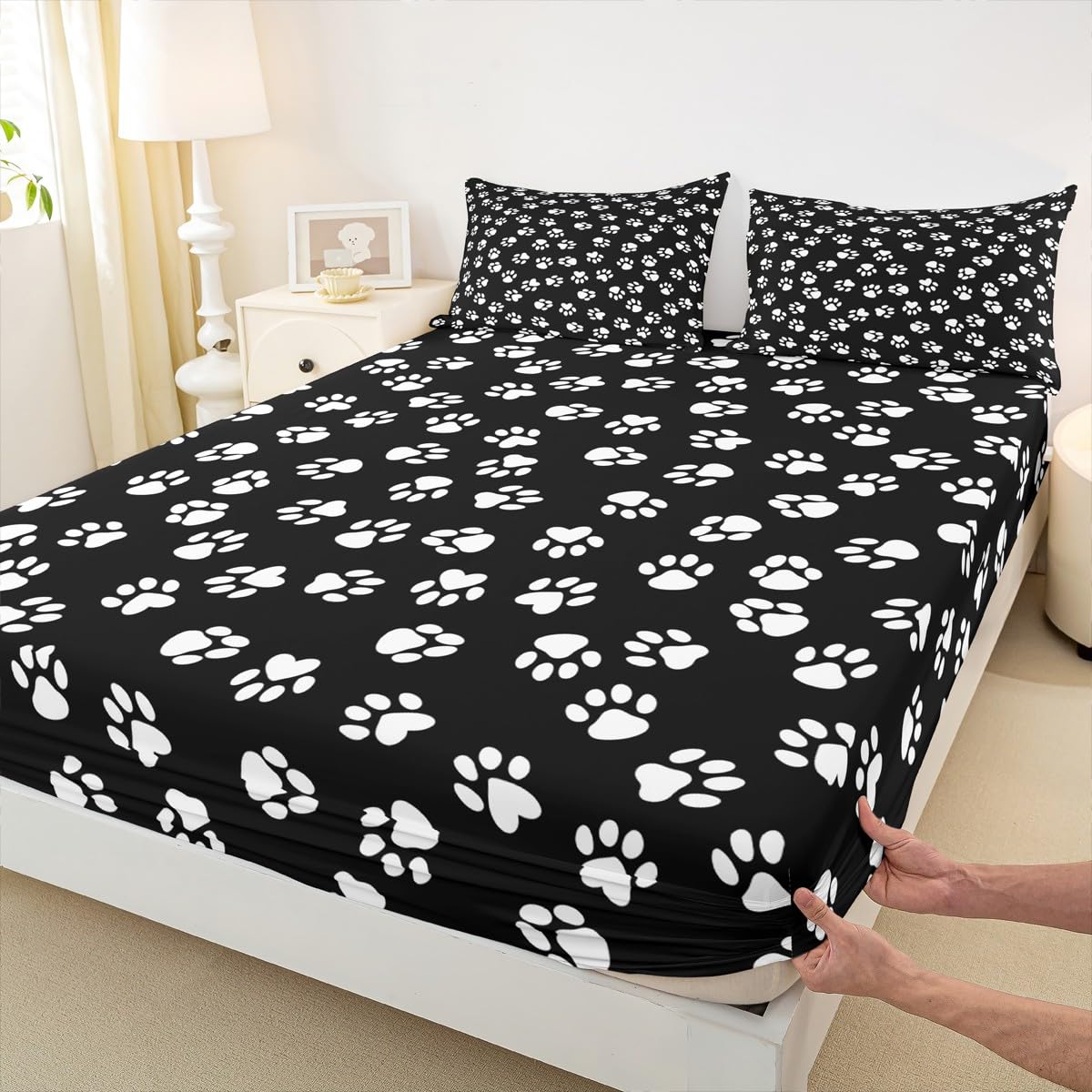 Homewish Dog Paw Print Kids Fitted Sheet Queen Size,Kawaii Pet Bedding Set,Boys Girls Adults Bedroom/Xmas/Halloween Decor,Cartoon Animal Bed Cover,