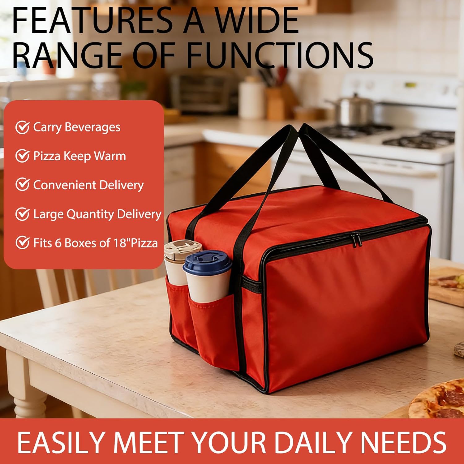 2 Pack 20" x 18.5" x 14" Pizza Delivery Bags with 4 Cup Holder (1 Black & 1 Red), Holds 7 Large 18" Pizza Boxes, Reusable Pizza Warmer for Delivery, Outdoor Camping & Family Gatherings