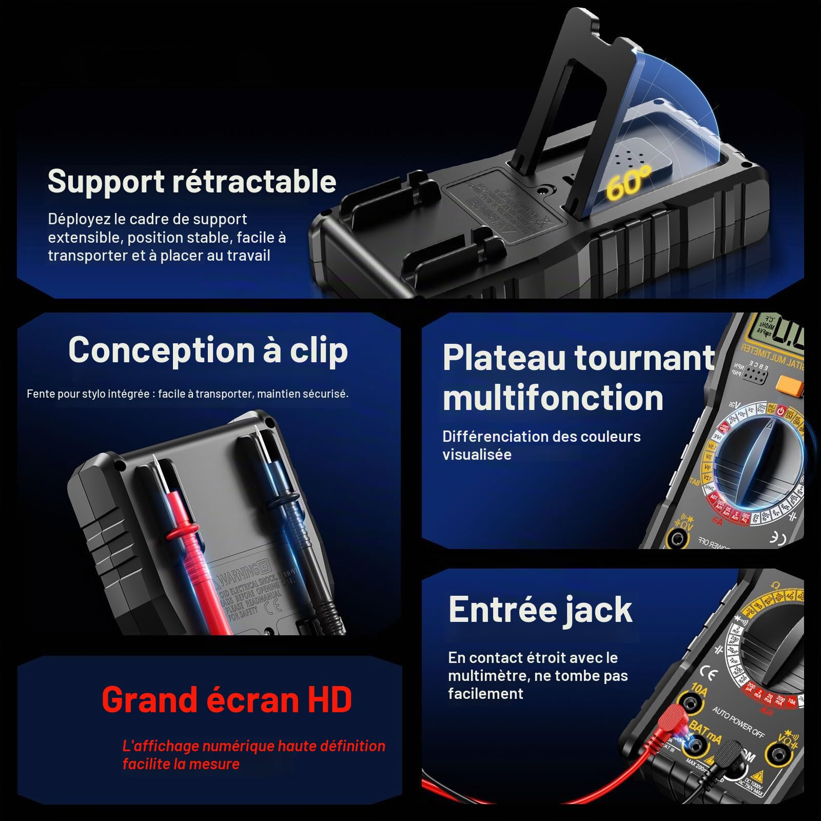 Multimètre numérique rechargeable - Multimètre numérique intelligent - Testeur de tension électrique - Batterie intégrée - Fonction de détection NCV - AC/DC - Résistance - Capacité - Fil neutre