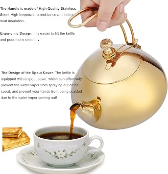 Stainless Steel Tea Kettle, 1.5 Litre Coffee Maker Pot, Whistling Teapot with Removable Handle and Mesh Strainer, for ALL Stovetops, for Milk Tea, Coffee, etc (Golden)