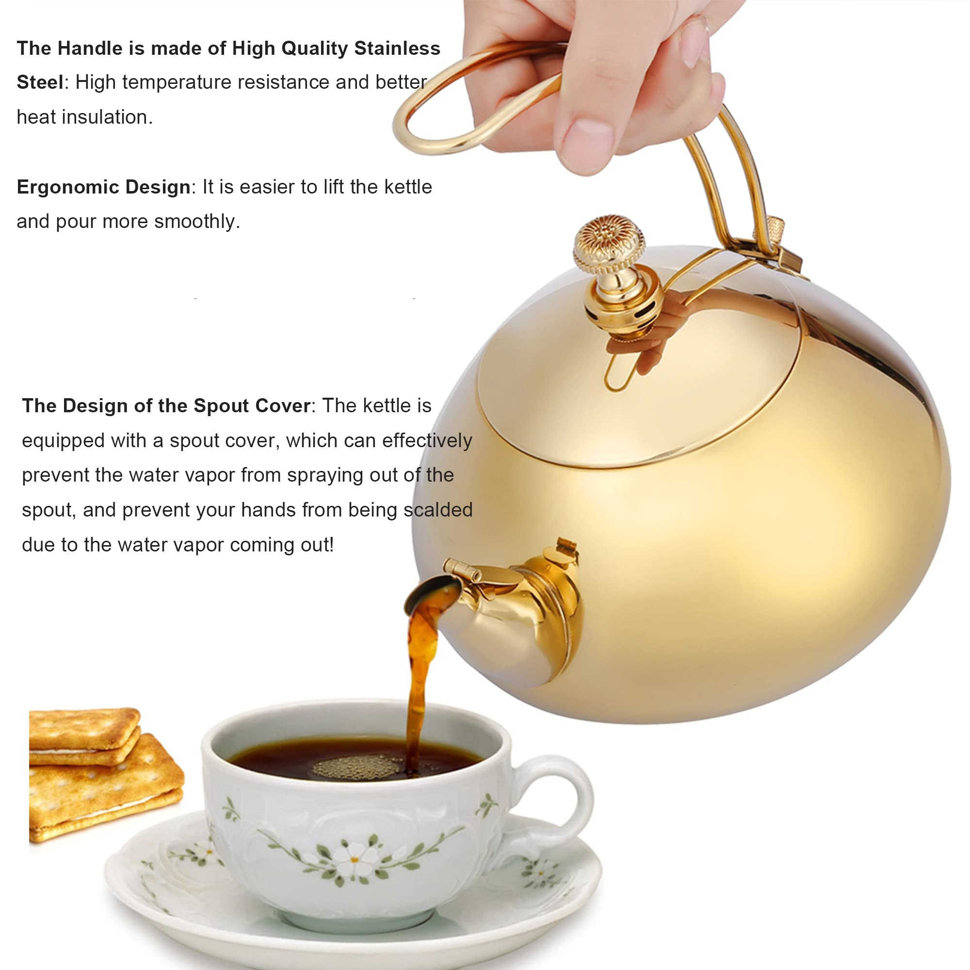 Théière sifflante en acier inoxydable avec poignée amovible et passoire en maille, pour toutes les cuisinières, pour thé au lait, café, etc. (doré)