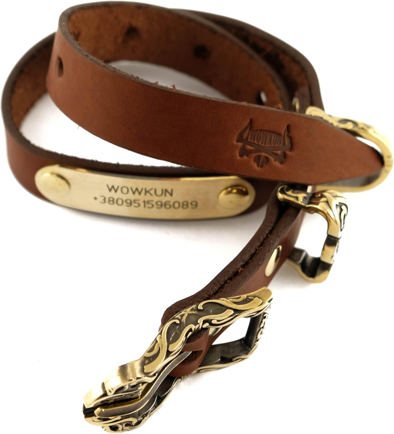 Odins wolves personalized tan leather dog collar with name plate, Scandinavian Celtic Viking style dog collar for small medium and large dogs, Personalized Leather puppy collar with runic north wolfes