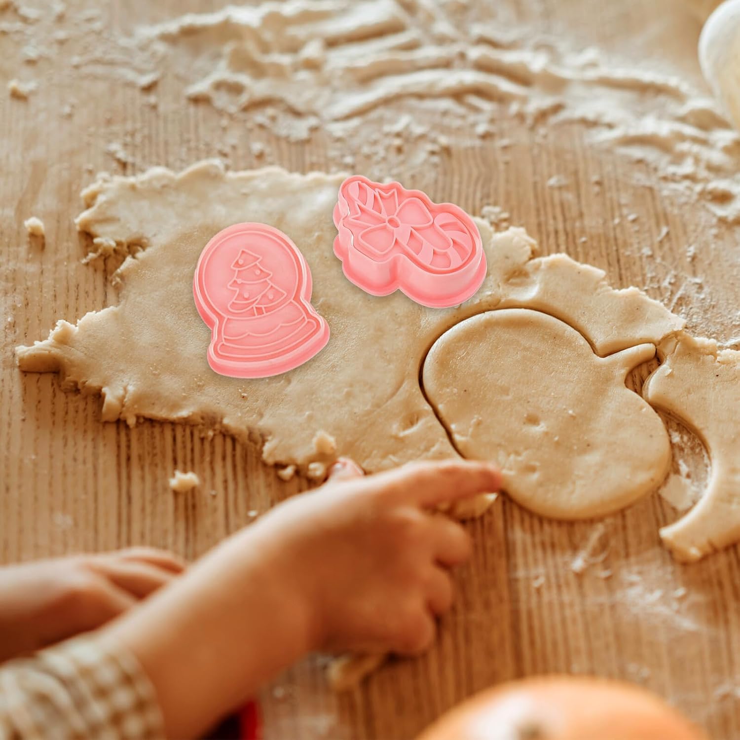Ipetboom Christmas Cartoon Cookie Embossing Molds 8pcs Set, Pink DIY Biscuit Hand Pressing Baking Tools for Holiday Baking and Festive Cookie Decoration