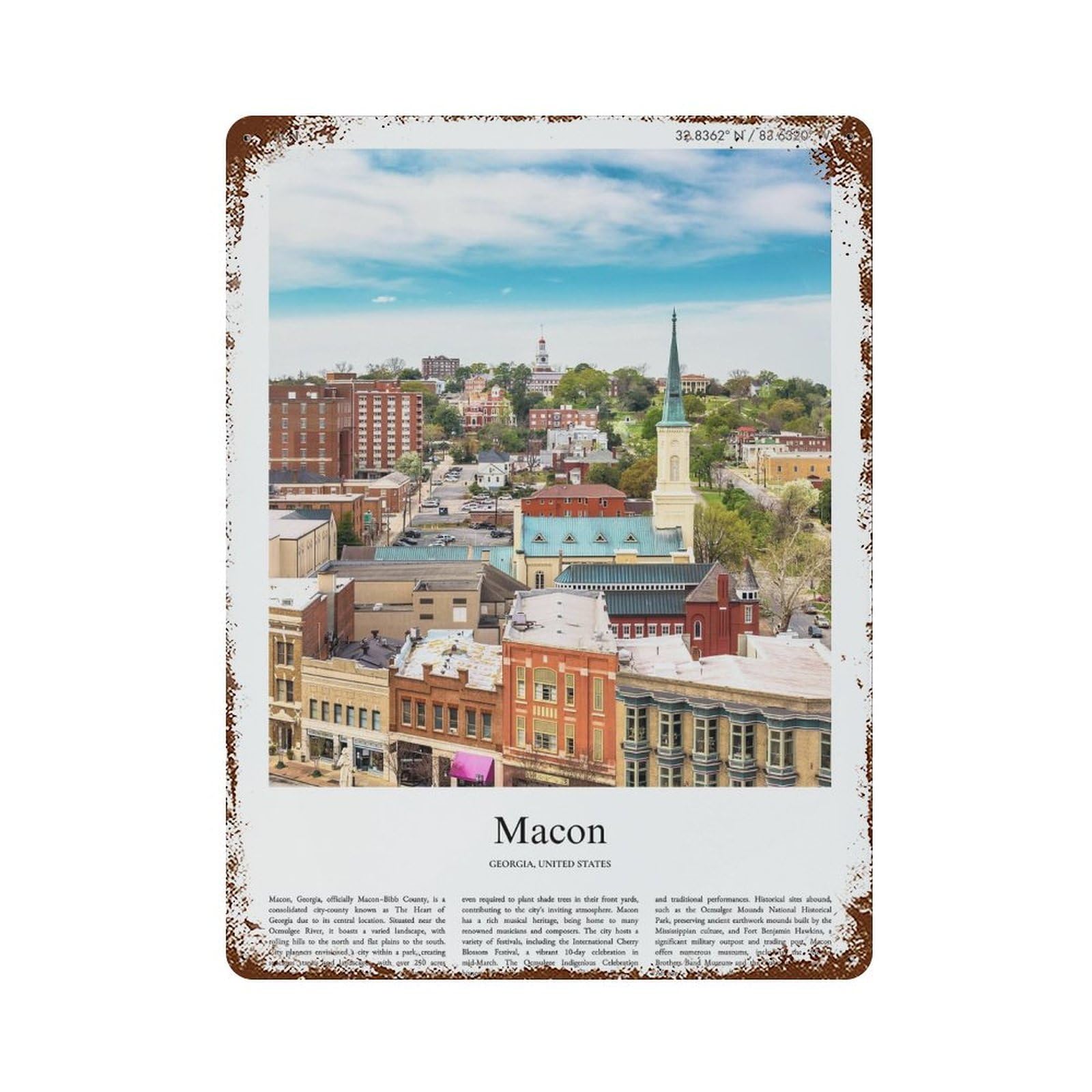 xiaoxiaoshen Macon Georgia, United States, USA City Scenery Wall Decor Art Metal Tin Poster Modern Home Decor Art Home Bar Shop Decorations Vintage Sign 40x30cm